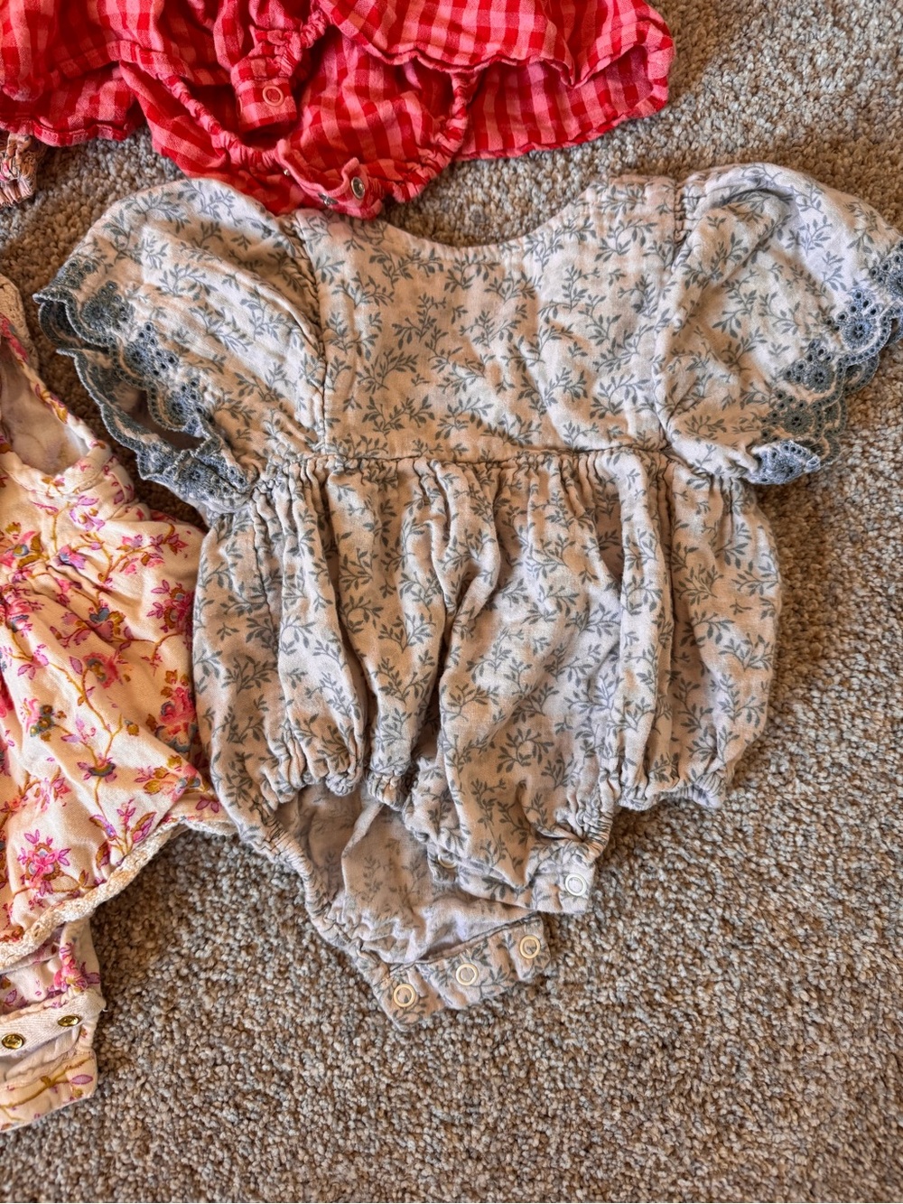 Set of 4 Baby Rompers - Floral & Gingham Mix in Coral, Red, Pink, Gray - Picture 3 of 5